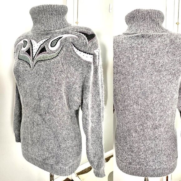 Vintage Turtleneck Sweater Silk Angora Lambswool M Gray Embroidered Beaded - Picture 1 of 10